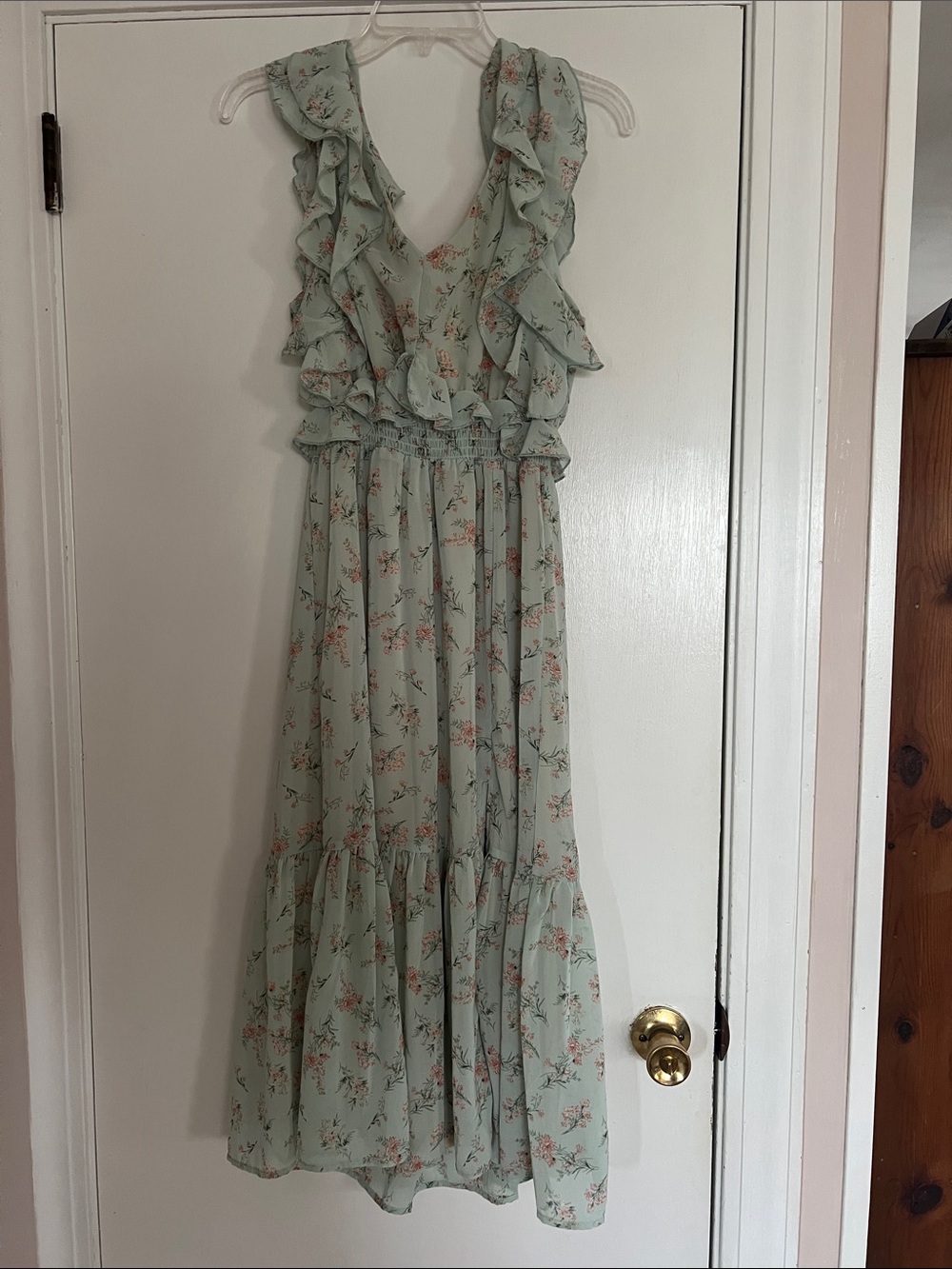 Black Tape_ Mint Green Floral Ruffle Midi Dress